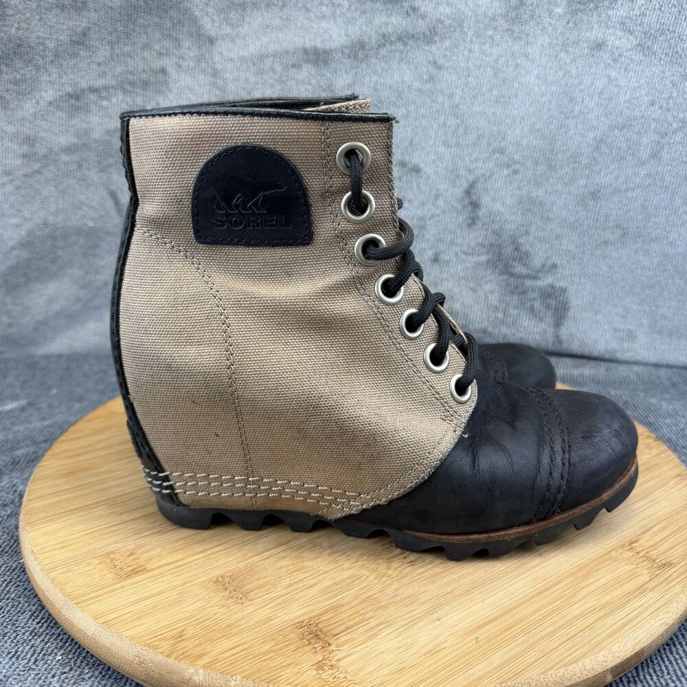 Sorel Boots Womens Size 6 Beige Canvas Leather Wedge Lace Up Ankle 1627121238